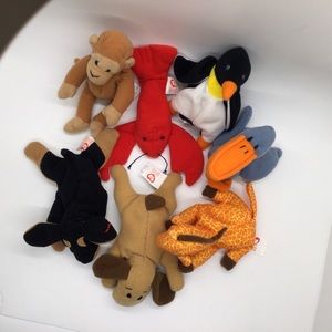 Beanie Babies 1993 TY monkey dog lobster elephant giraffe penguin 7 beanies